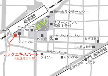 JR高槻駅から1分、テックエキスパートへの地図